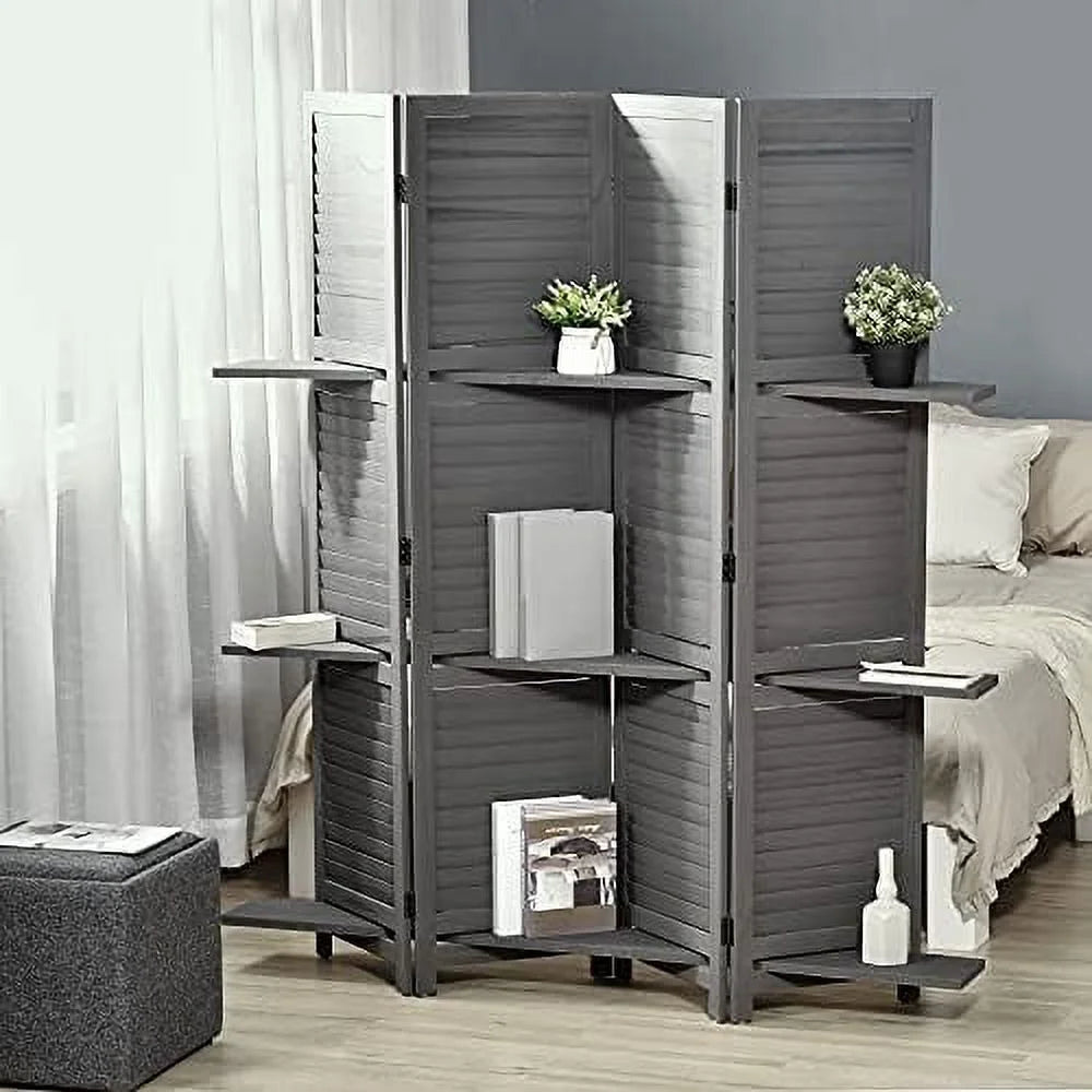 4 Panel Wood Privacy Screen Room Divider with Shelves H755015