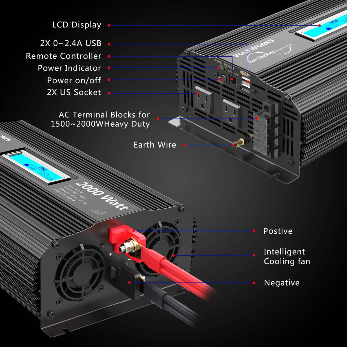 Pure Sine Wave 2000Watt Car Power Inverter DC 12V to 120V AC with 2 AC Outlets USB Ports Remote Control LCD Display O413
