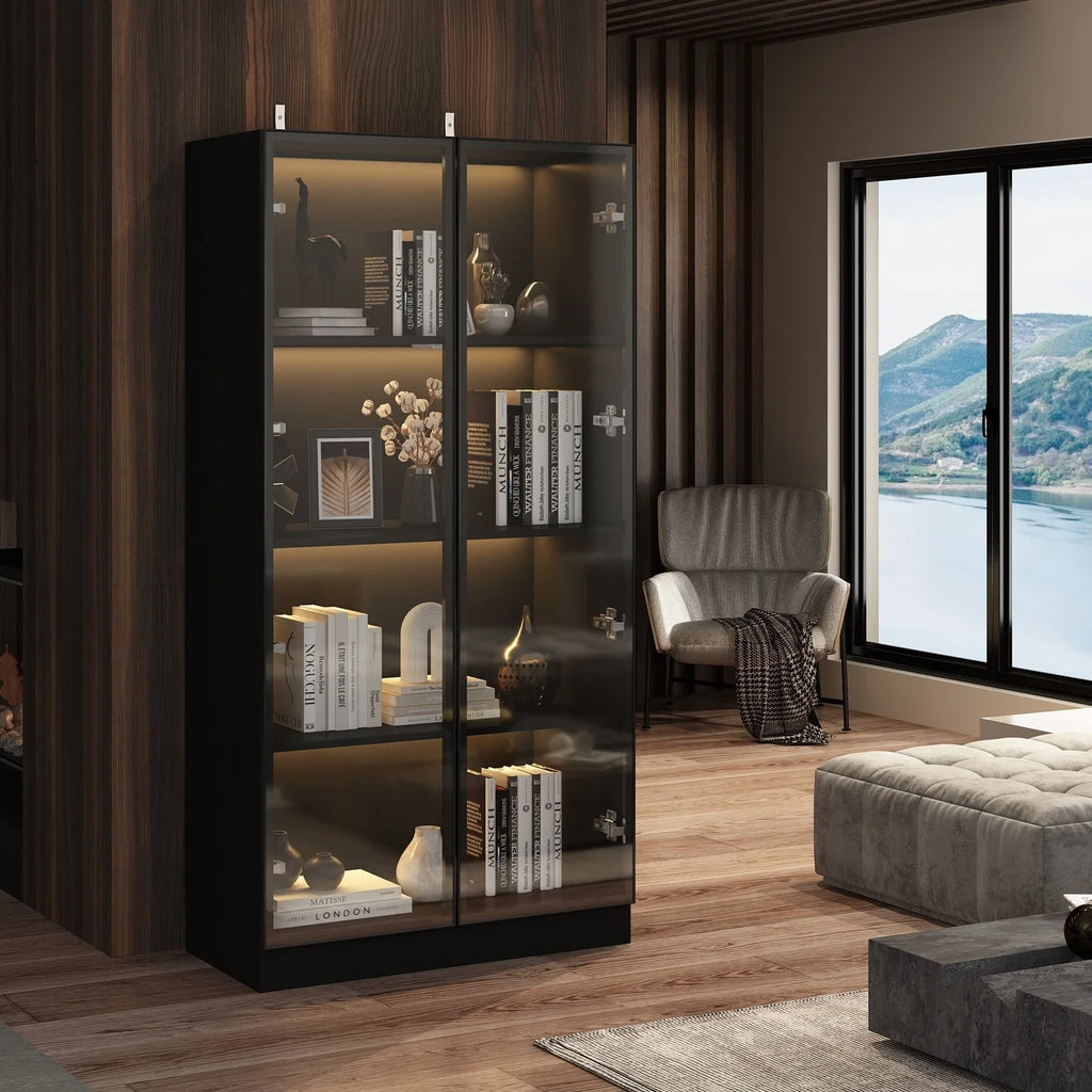 Black Wood Glass Display Cabinet with 4 Shelves F626016