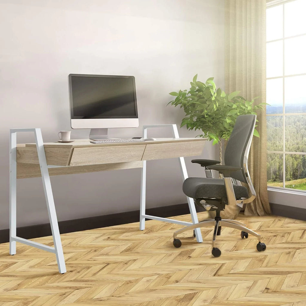 White Wood Computer Desk with Monitor Shelf and Drawers O578