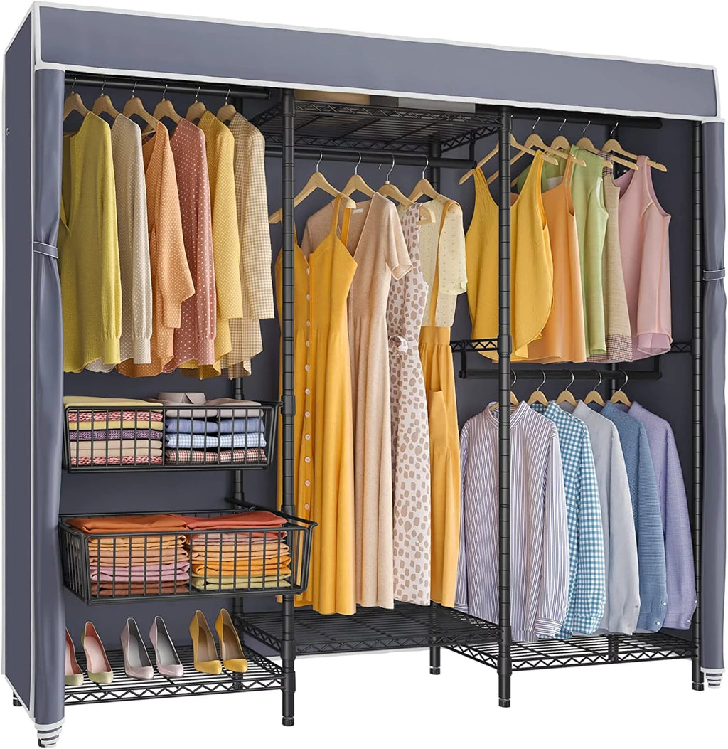 Black Covered Clothes Rack Portable Wardrobe with Grey Oxford Fabric Cover N202527
