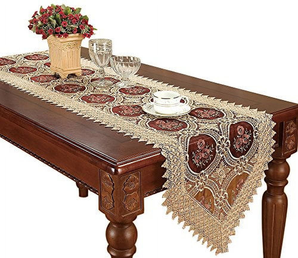 Vintage Gold Burgundy Lace Embroidered Table Runner 16 x 72 Inch V457