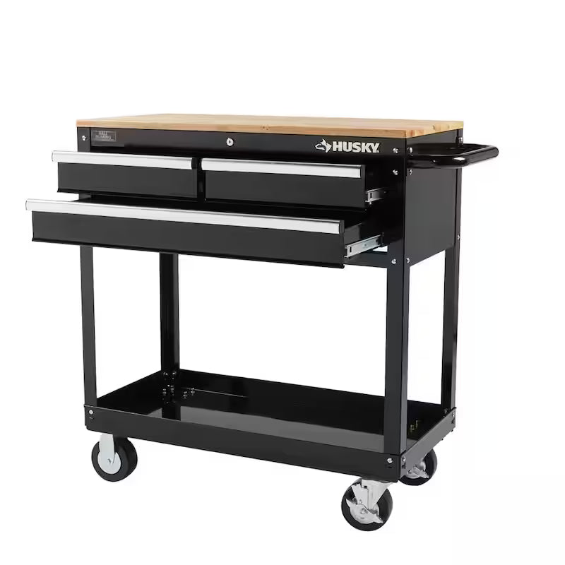3-Drawer Gloss Black Rolling Tool Cart with Hardwood Top E1834