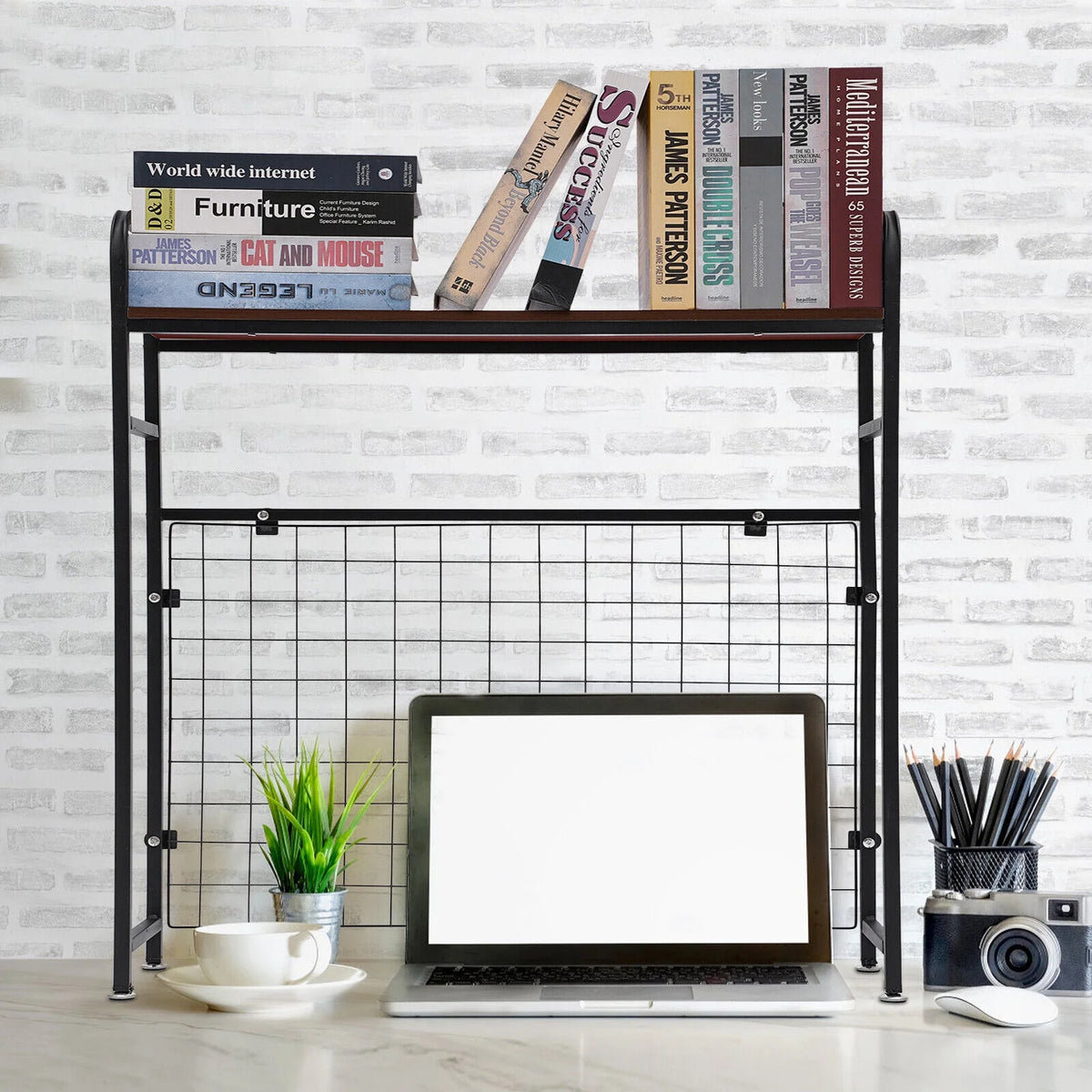 Black Bookshelf with Grid Desk Storage Shelf A222494