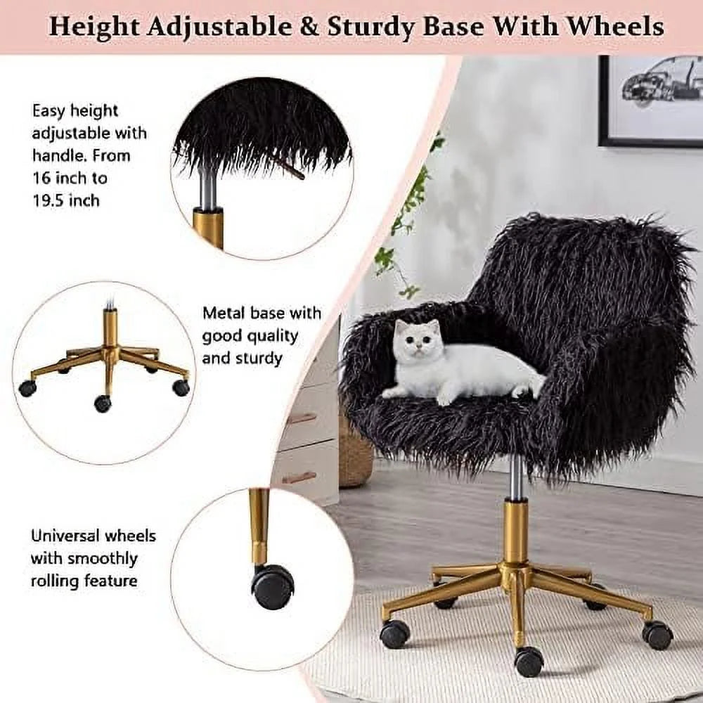Fluffy Faux Fur Swivel Desk Chair with Wheels U62856