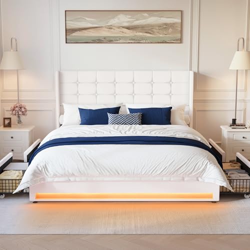 Queen Size White Velvet Upholstered Platform Bed Frame with 4 Storage Drawers P144410