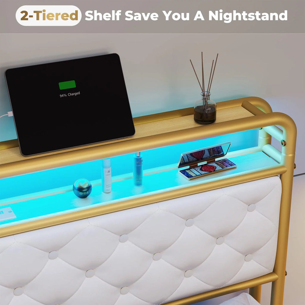 King Bed Frame with Storage Headboard and USB-C Charging Station Y891