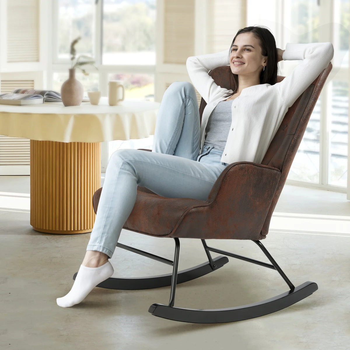 Black Polyester Fabric Rocker Glider Chair with Wooden Base R462