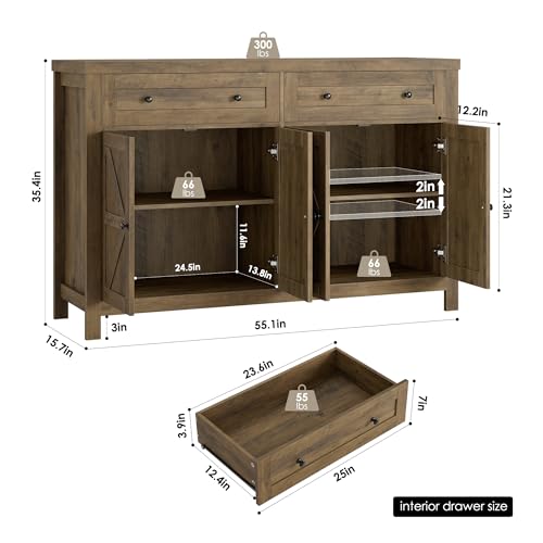 55" White Buffet Sideboard Cabinet with Drawers and Shelves M976949