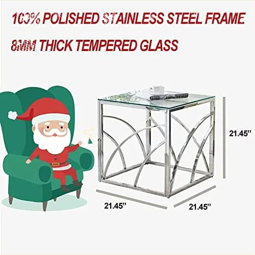 Glass End Table Set of 1 Square Tempered Glass Stainless Steel Side Table T8330