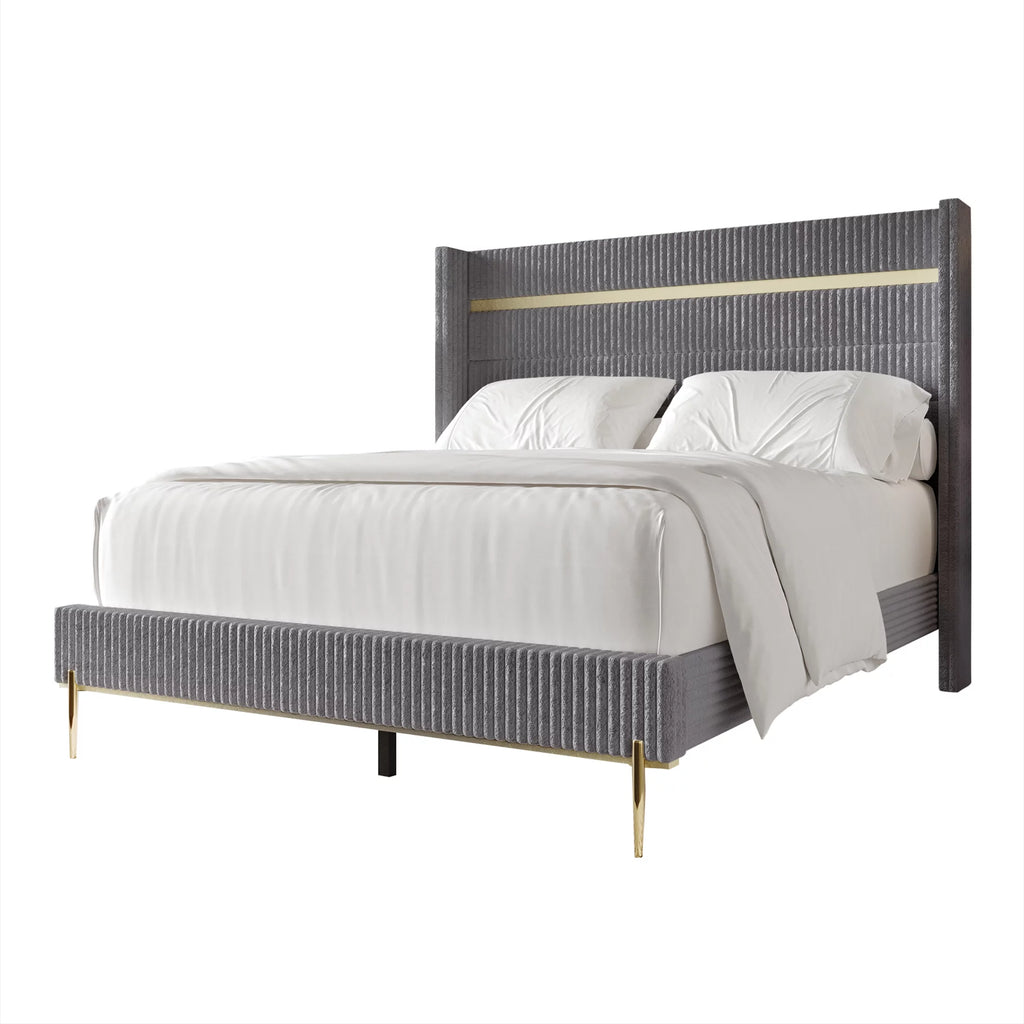Gold PU Strip Wingback Velvet Upholstered Bed Black, Full U7443