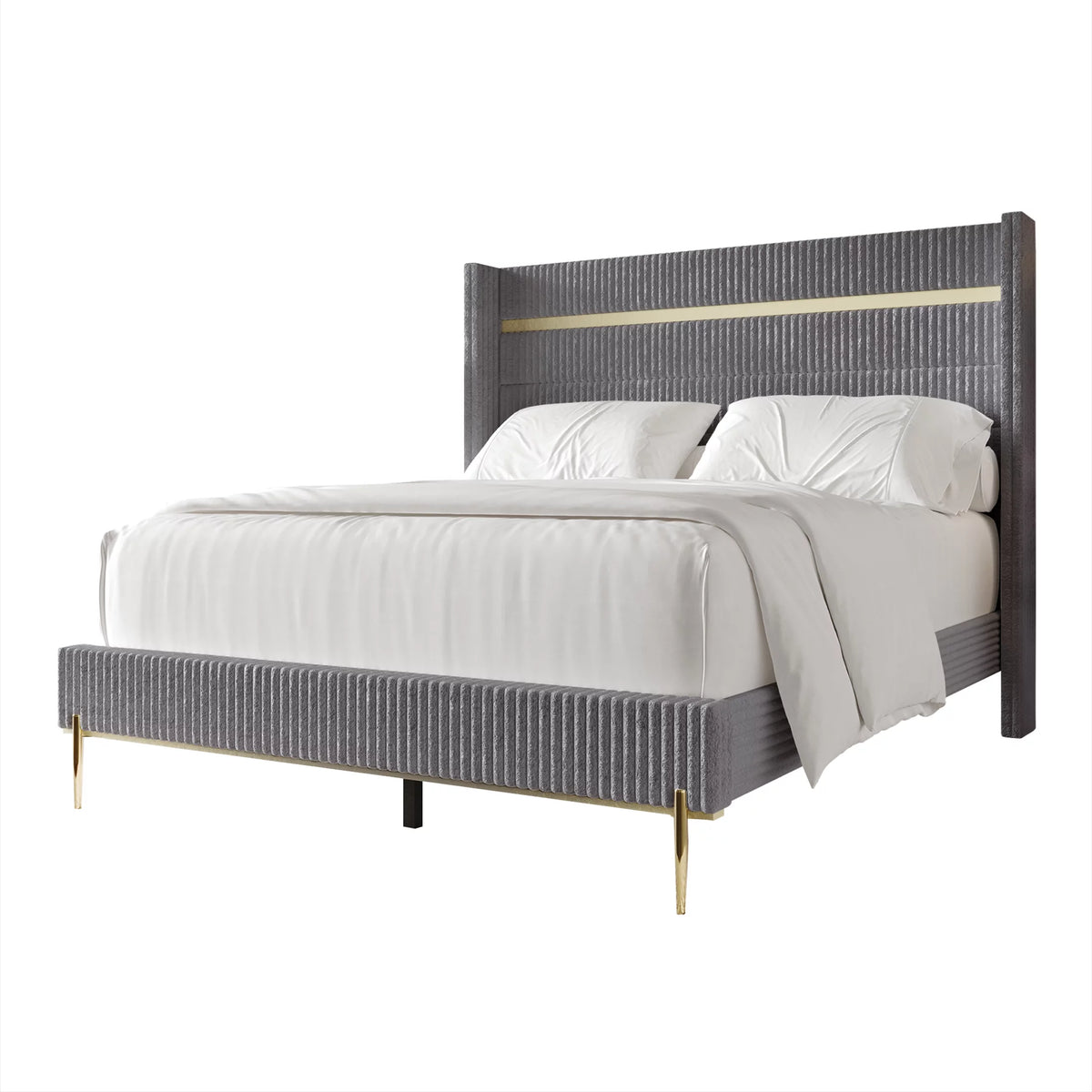Gold PU Strip Wingback Velvet Upholstered Bed Black, Full U7443