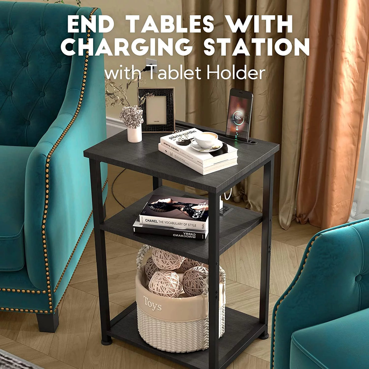 Nightstands Set of 2 with Charging Station and Storage Shelf M87405