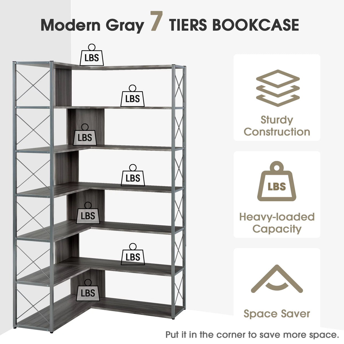 L-Shaped Corner Bookshelf with Metal Frame J2871