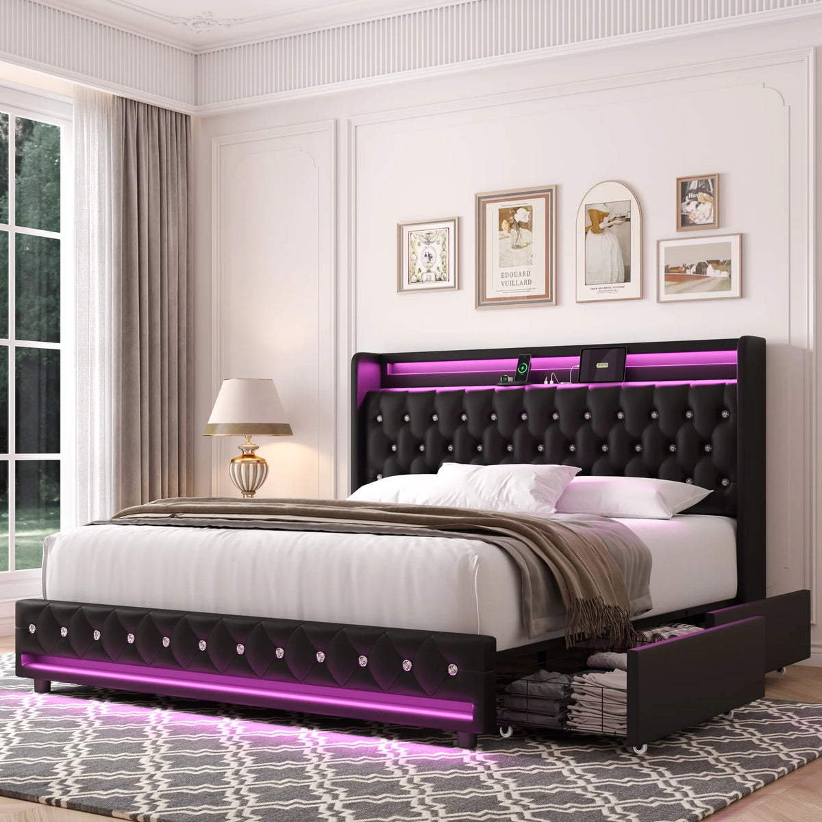 King Size LED Upholstered Platform Bed Frame with 4 Storage Drawers K1766