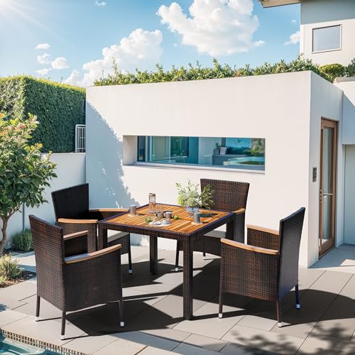 5 Pieces Wicker Patio Dining Set with Wood Table Top K241