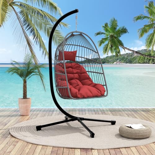 Foldable Hanging Egg Chair with Stand, HDPE Rattan and Aluminum-Steel Frame, 350 Lbs Capacity, Beige M628801