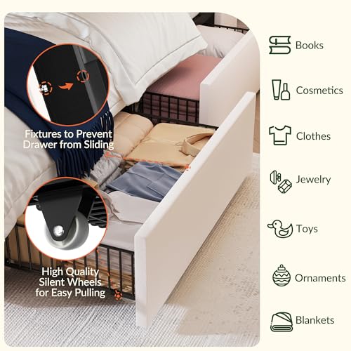 Queen Size White Velvet Upholstered Platform Bed Frame with 4 Storage Drawers P144410