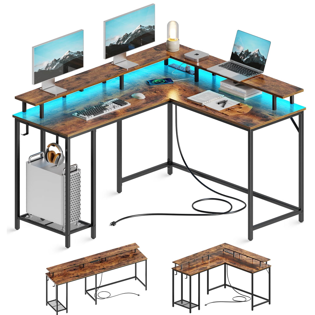 Black L Shaped Desk with Outlets USB Ports and Storage Shelves Y24022