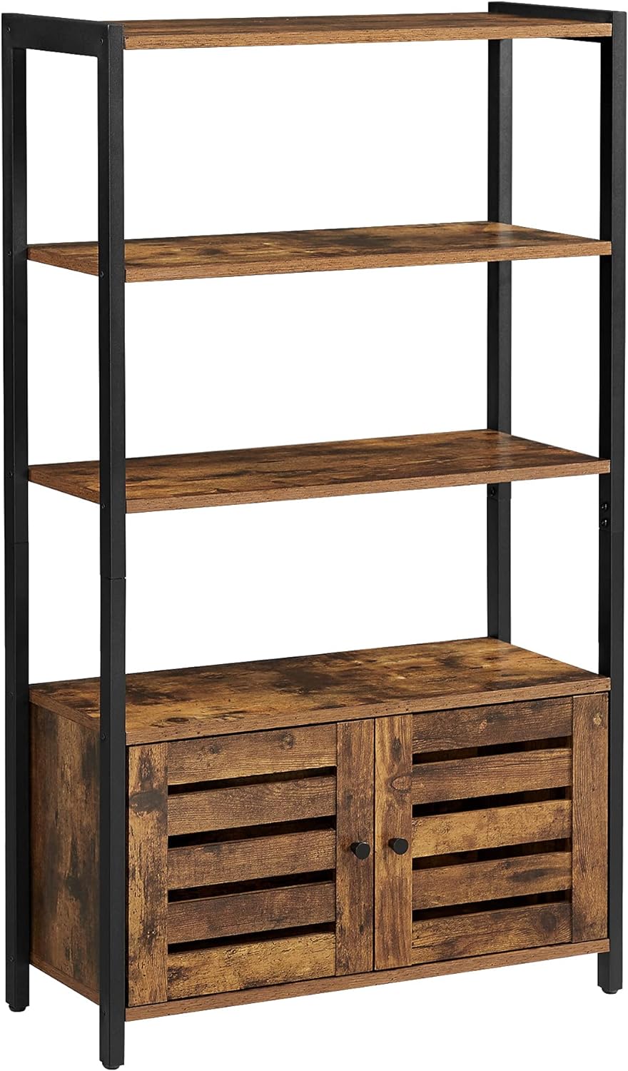 Rustic Brown Bookshelf with 3 Shelves and 2 Doors E262