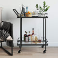 Rolling Bar Cart 2-Tiered Glass and Metal Black T686