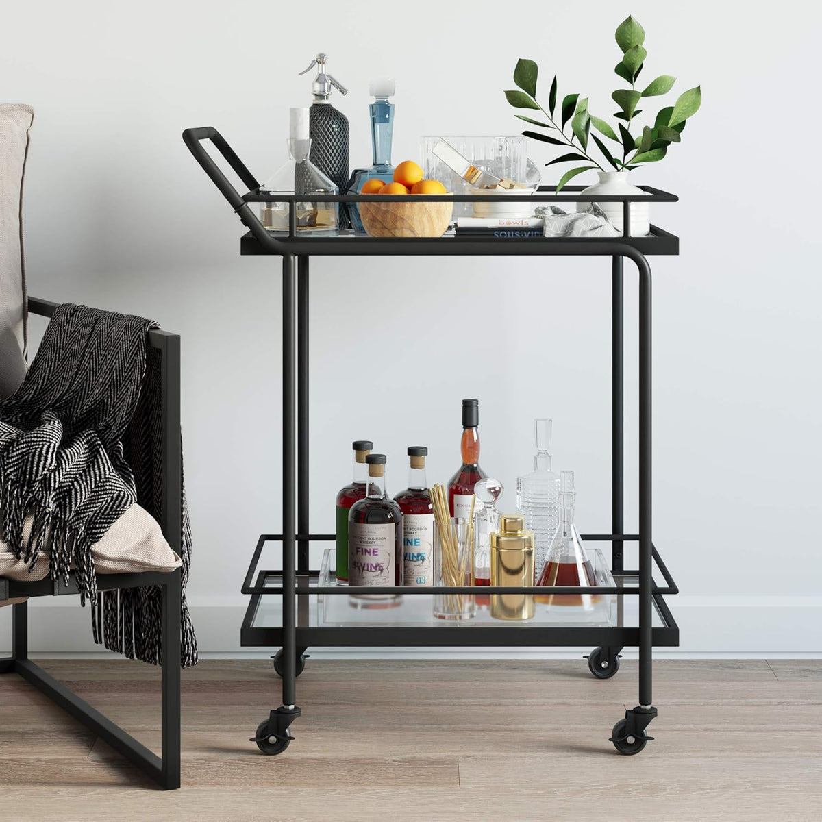 Rolling Bar Cart 2-Tiered Glass and Metal Black T686
