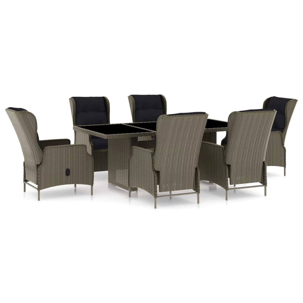 7 Piece Patio Dining Set Glass Tabletop Table and 6 Chairs with Cushion Brown Poly Rattan M456