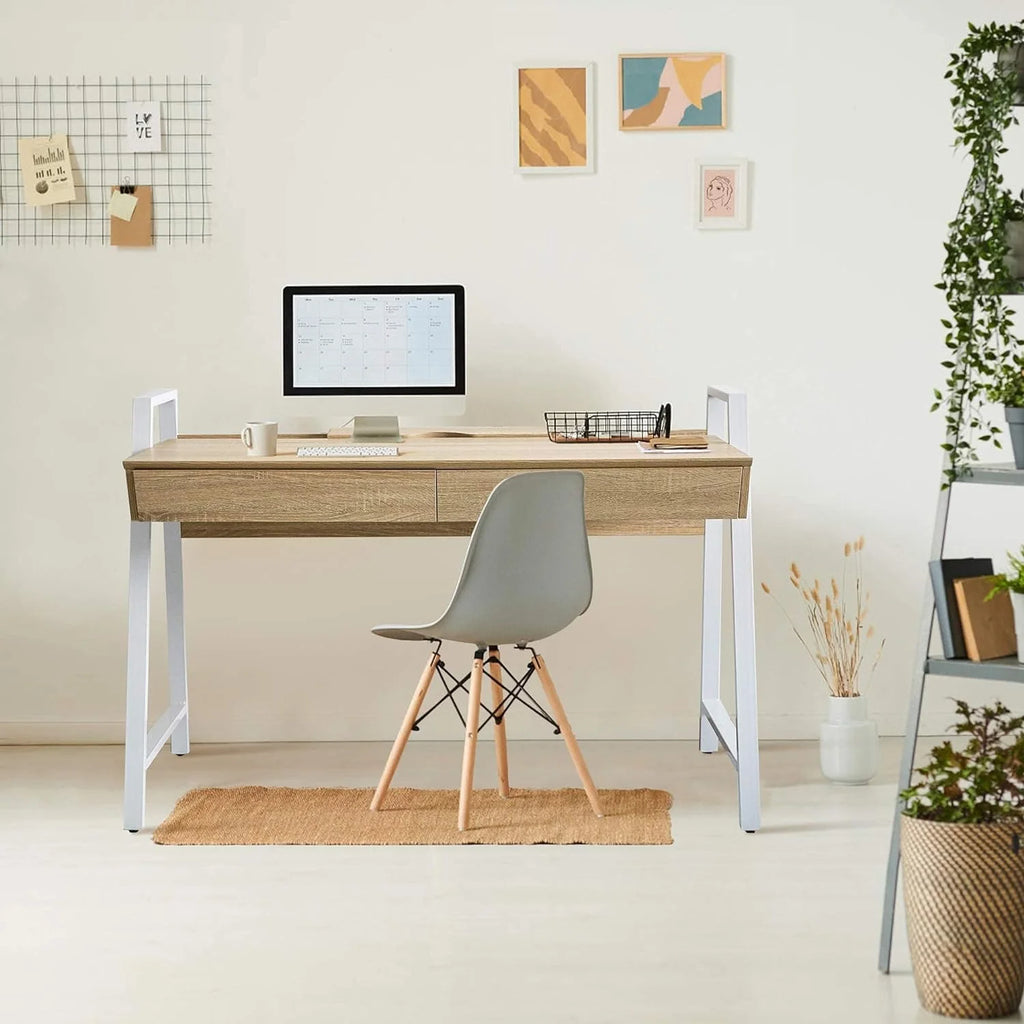 White Wood Computer Desk with Monitor Shelf and Drawers O578
