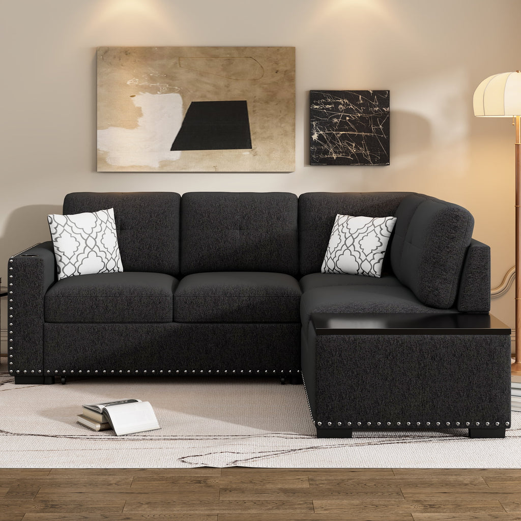 Black Reversible Pull-Out Sectional Sofa Bed with Storage Chaise I4433