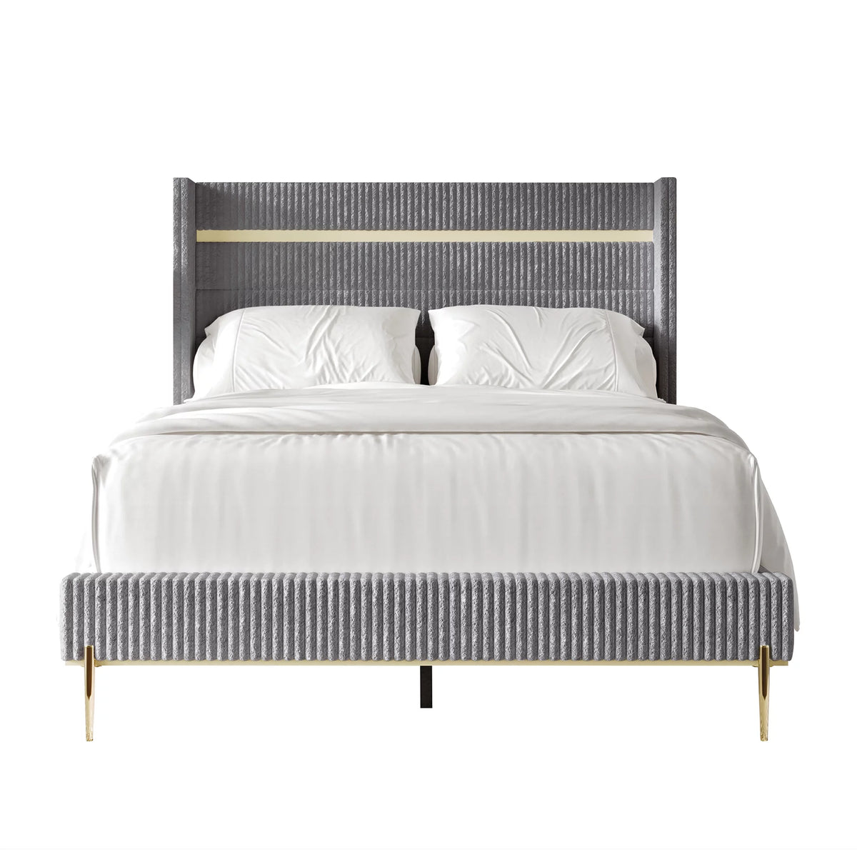 Gold PU Strip Wingback Velvet Upholstered Bed Black, Full U7443