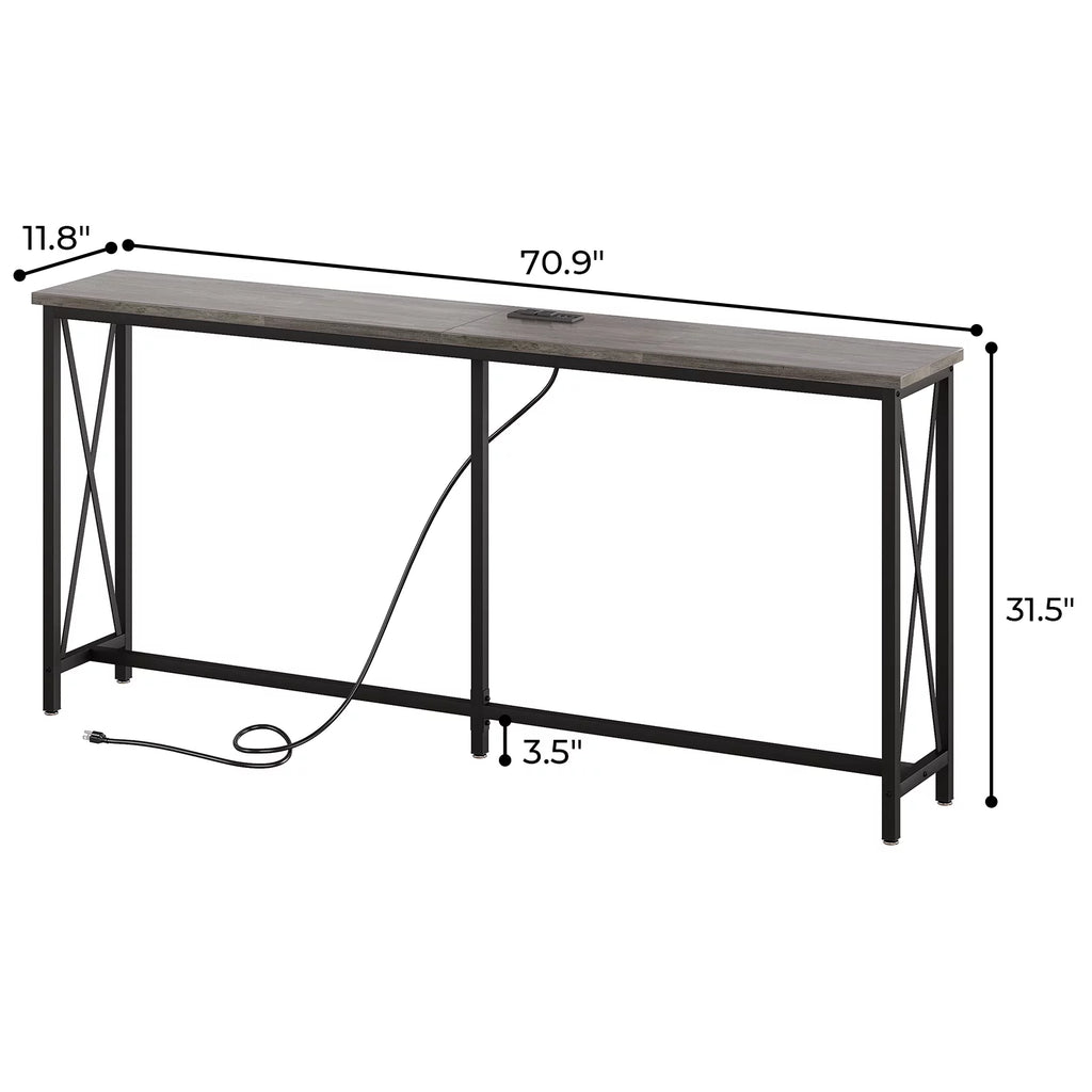70 inch Console Table with Power Outlets Metal Frame Gray E95410