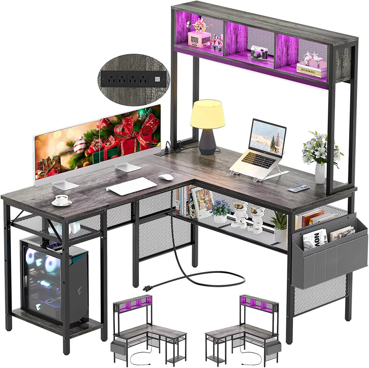 Black Oak L Shaped Desk with Power Outlets and USB Ports K94159
