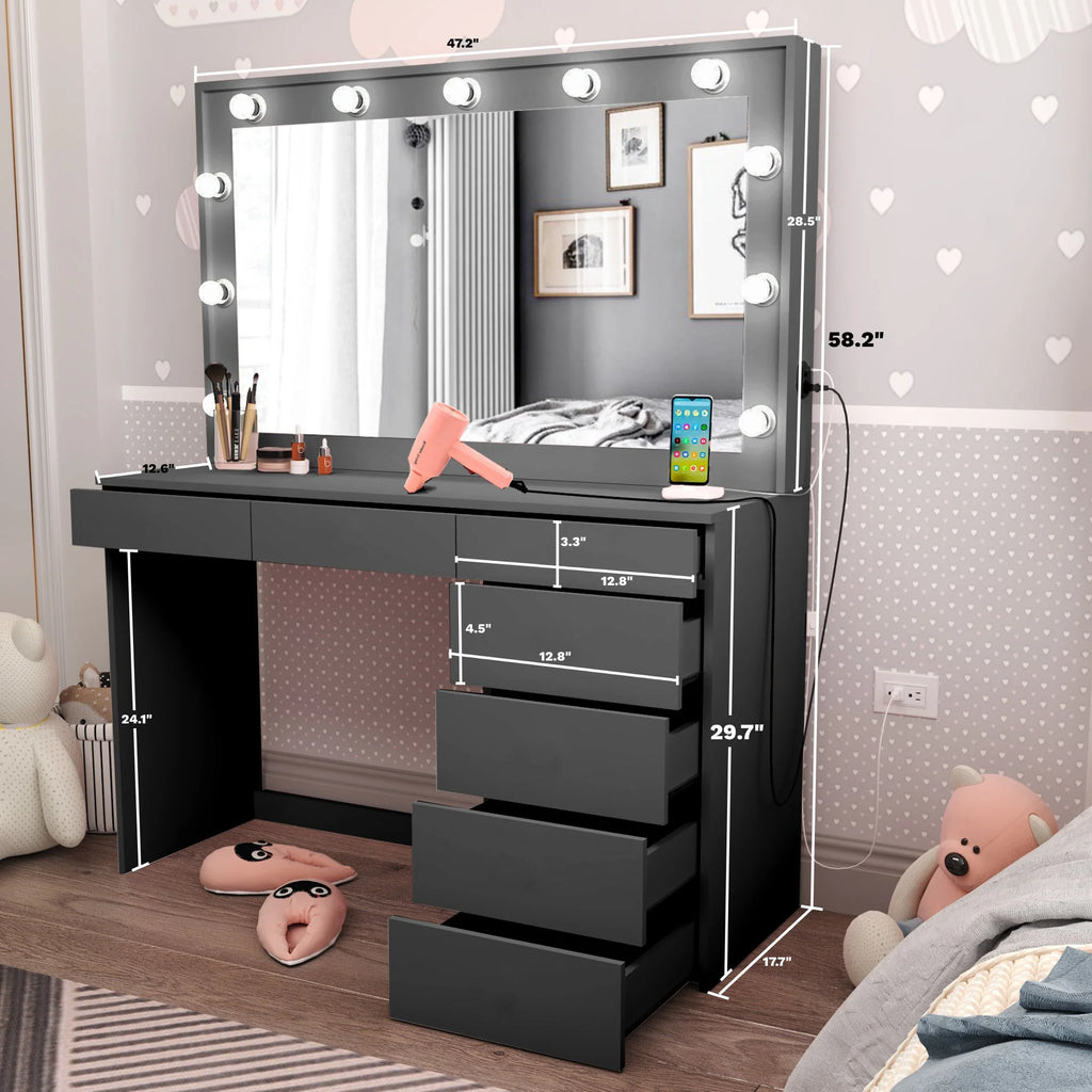 Black Painted Makeup Vanity Table with Light Bulbs G495