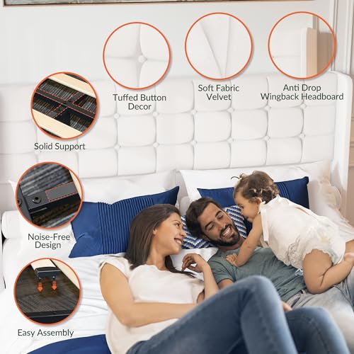 Queen Size White Velvet Upholstered Platform Bed Frame with 4 Storage Drawers P144410