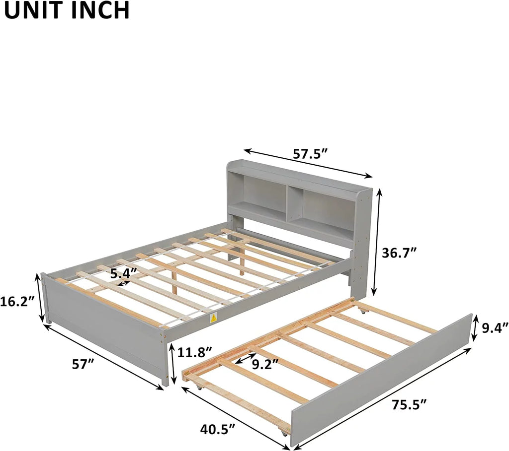 Full Size Wooden Platform Bed with Trundle and Bookcase Q612