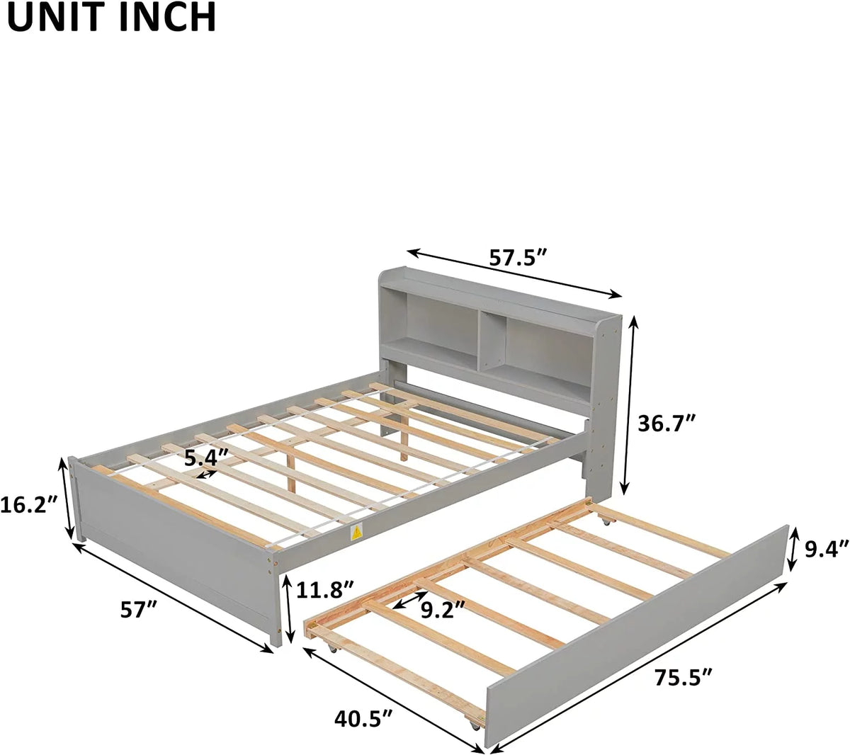Full Size Wooden Platform Bed with Trundle and Bookcase Q612