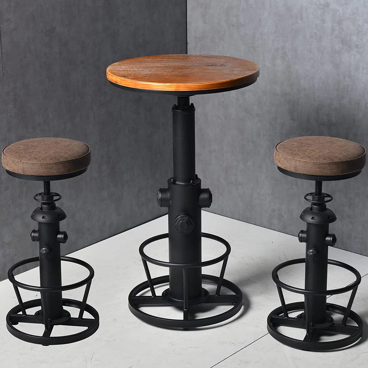 Industrial Bar Table Swivel Round Wooden Top Height Adjustable Bistro Table J753510