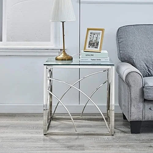 Glass End Table Set of 1 Square Tempered Glass Stainless Steel Side Table T8330