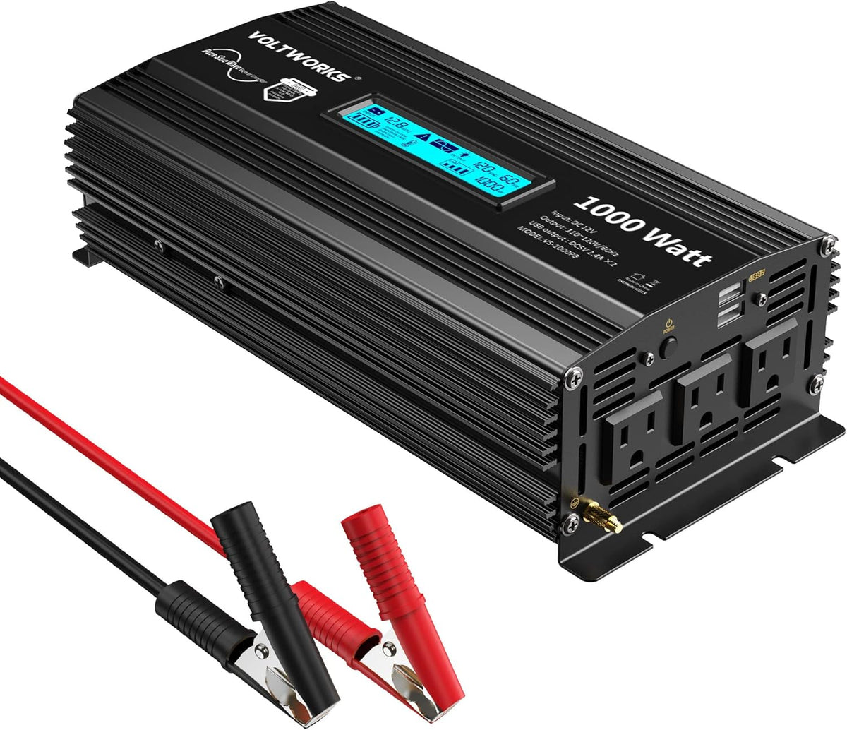 Pure Sine Wave 2000Watt Car Power Inverter DC 12V to 120V AC with 2 AC Outlets USB Ports Remote Control LCD Display O413