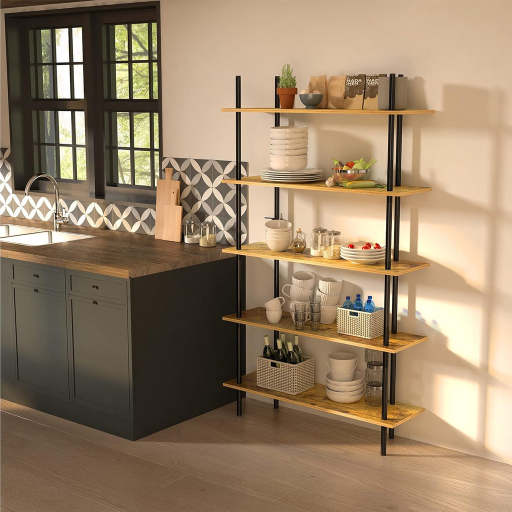 5 Tier Industrial Wood Bookshelf with Metal Frame G8526