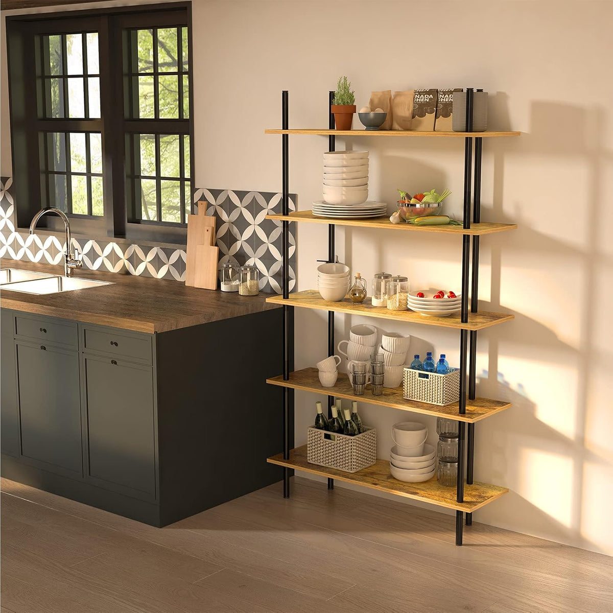 5 Tier Industrial Wood Bookshelf with Metal Frame G8526
