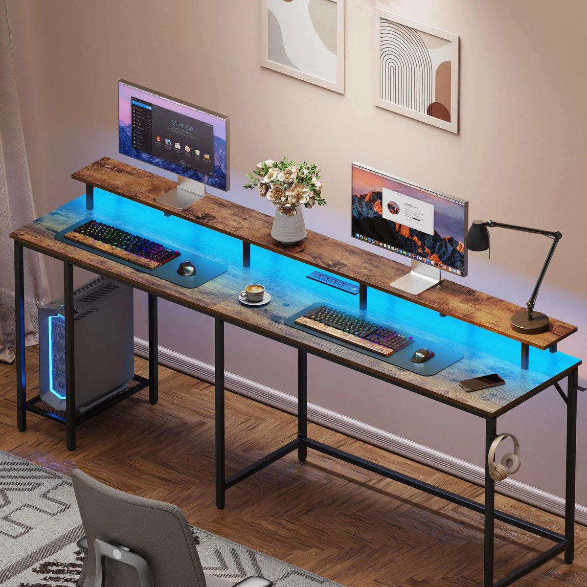 Black L Shaped Desk with Outlets USB Ports and Storage Shelves Y24022