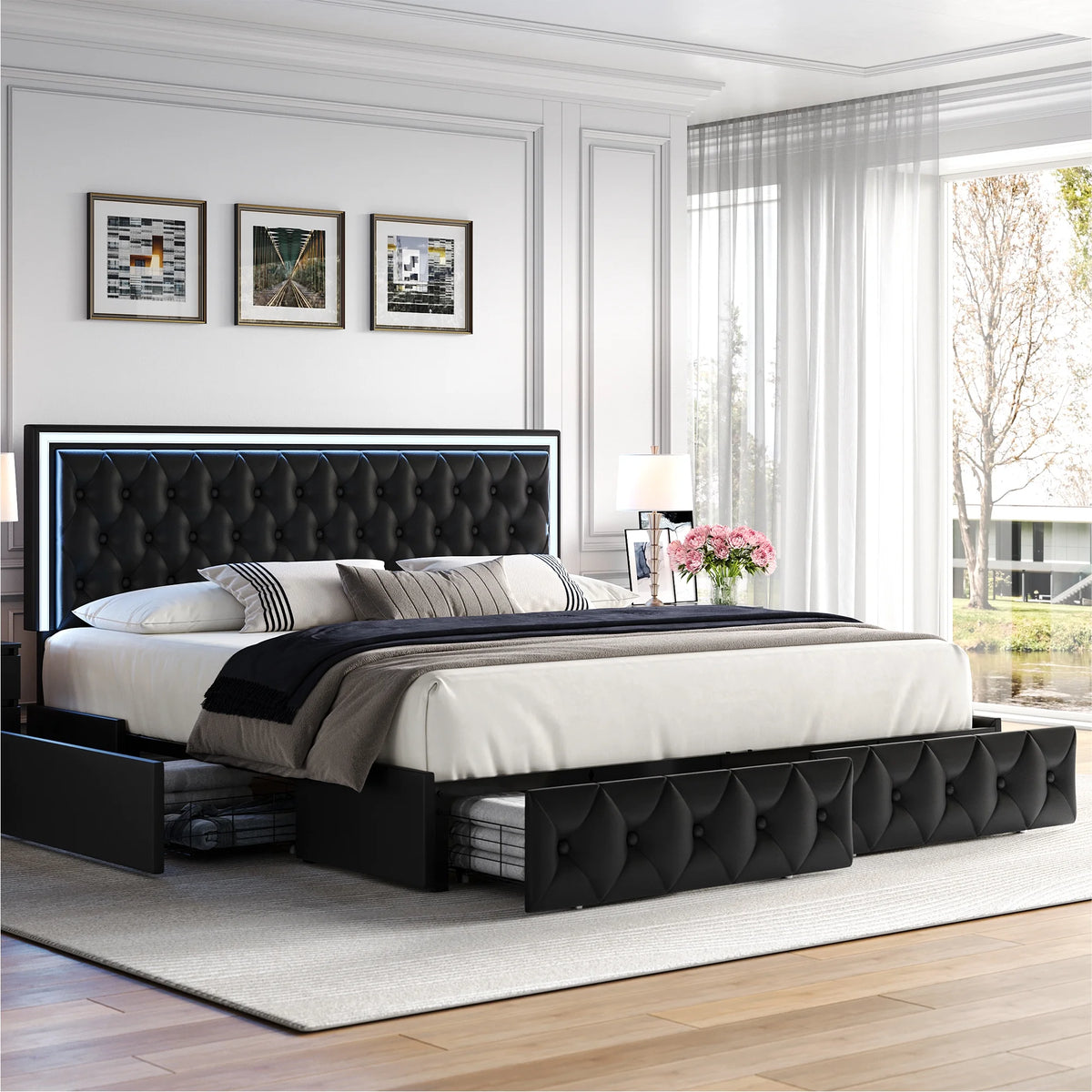 Queen LED Platform Bed Frame with 4 Storage Drawers L43419