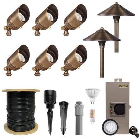 Brass Landscape Lighting Kit 6 Spotlights 2 Path Lights E796837
