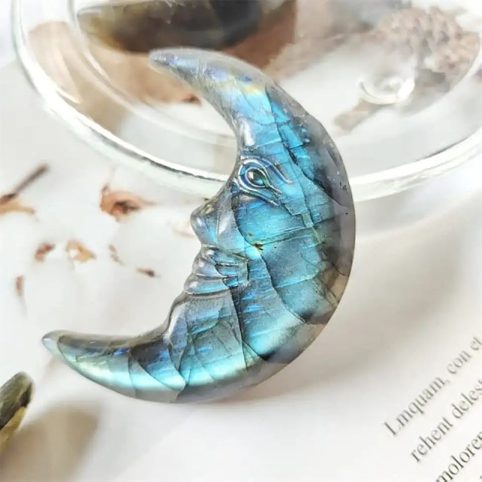 Labradorite Moon Face Natural Stones Quartz Carving Polished Crystal Healing Gemstones Decoration E5483