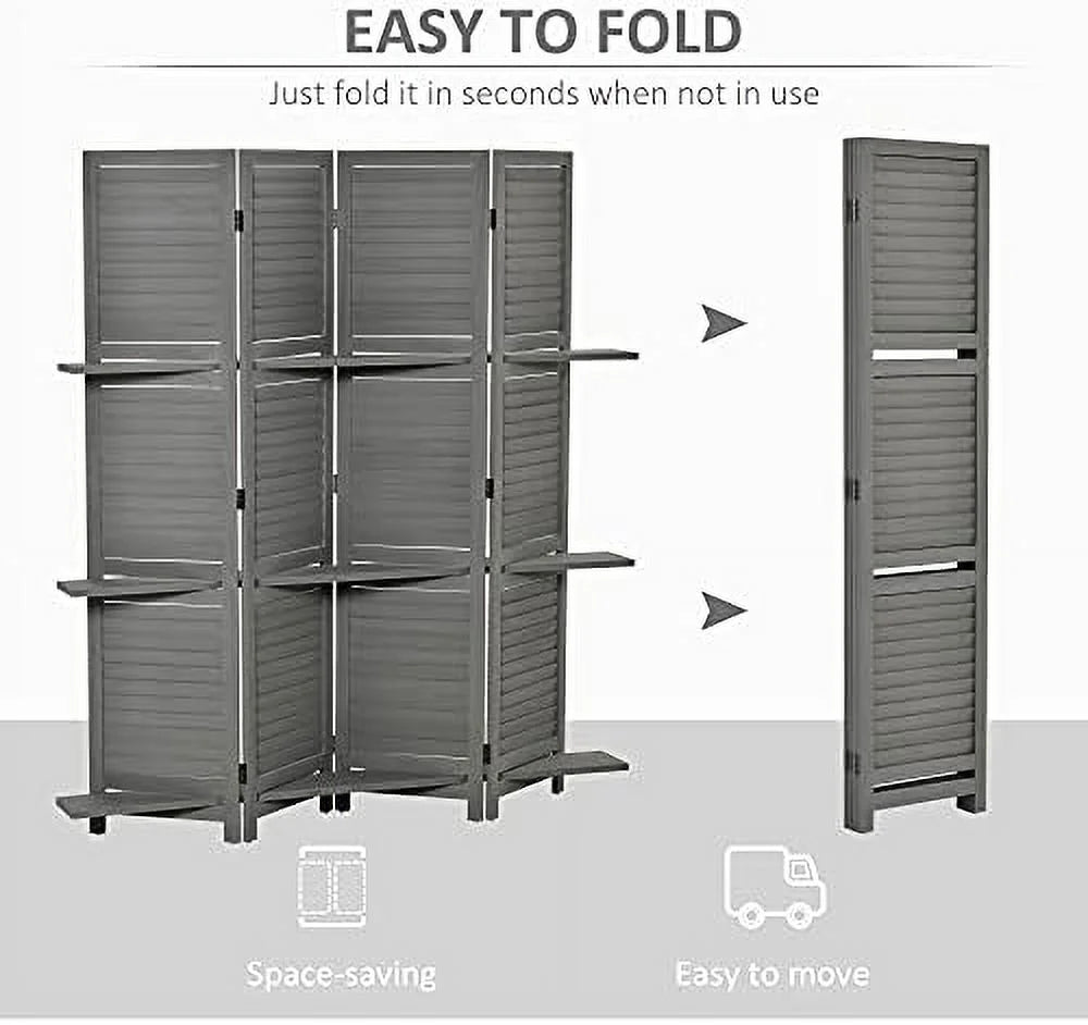 4 Panel Wood Privacy Screen Room Divider with Shelves H755015