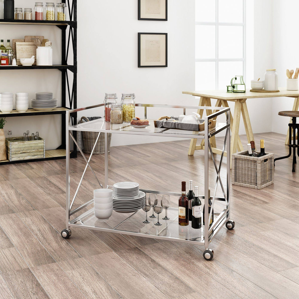 Silver and Clear Contemporary Indoor Bar Cart A192029