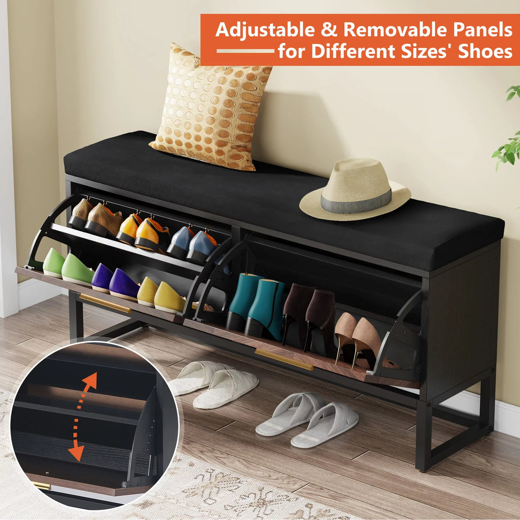Shoe Storage Bench with Cushion & 2 Flip Drawers H9782