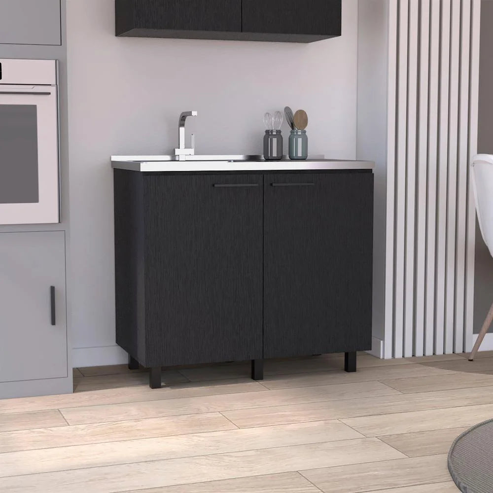 Black 2 Door Utility Base Cabinet with Stainless Steel Countertop T285743