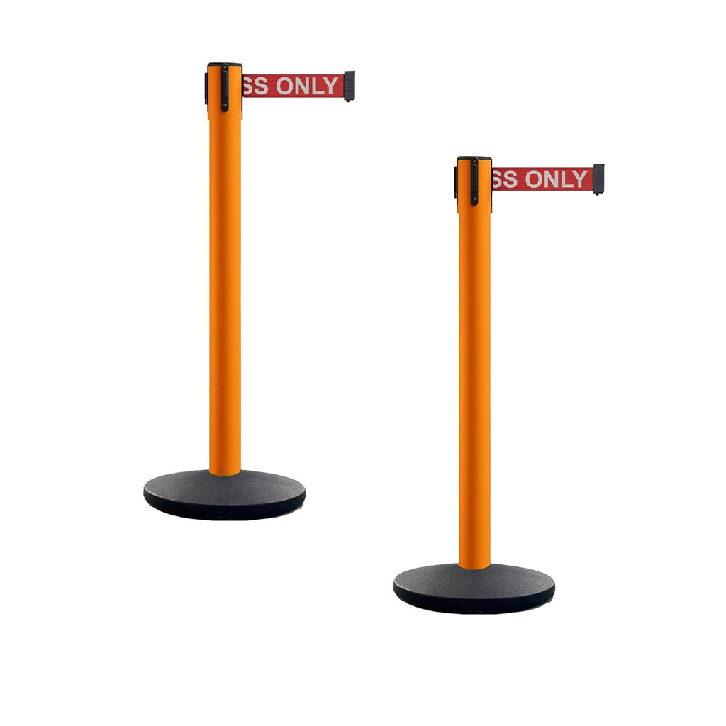 Set of 2 Retractable Belt Barrier Stanchion, Cast Iron Base Yellow Post X83258